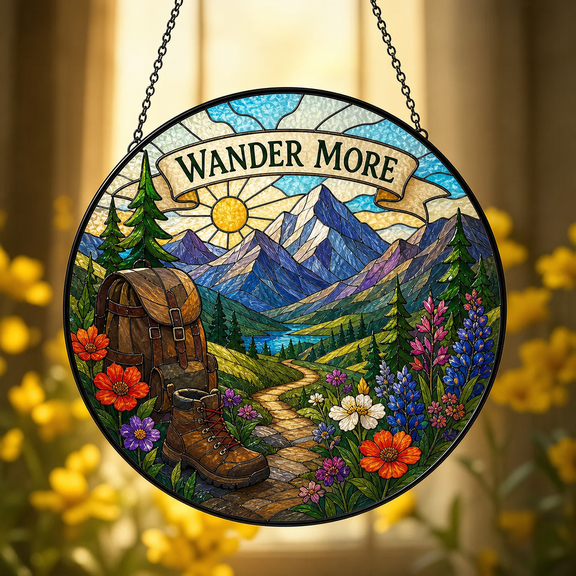 Backpacker Gift Stained Glass Suncatcher, Mountain Floral Window Hanging Decor