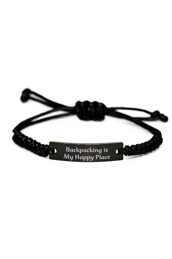 Backpacking Adventure Rope Bracelet, Birthday Unique Gifts from Friends, Inspirational Quote, Adjustable Black Stainless Steel with Interlaced Rope, Gifts for Backpacking Enthusiasts