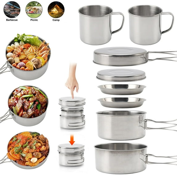 Backpacking Camping Cookware 8PCS Stainless Steel Mini Picnic Cooking Mess Kit Pot and Pan Set with Plates Cups for Outdoor Camping Hiking