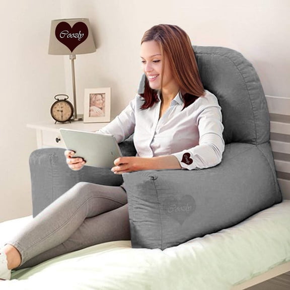 Backrest & Reading Pillow, Bed Support Pillow With High Armrests, Light Grey - X Large Size | 100% Cotton Removable Cover | For Back & Shoulder Support, Comfortable Pillow - Pack Of 1