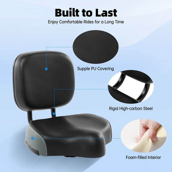 Backrest Saddle with Backrest 11.5" x 9.5" Bicycle Tricycle Saddle Seat with Back Support, Oversize Bike Seats with 11" - 15" high Adjustable Back Rest
