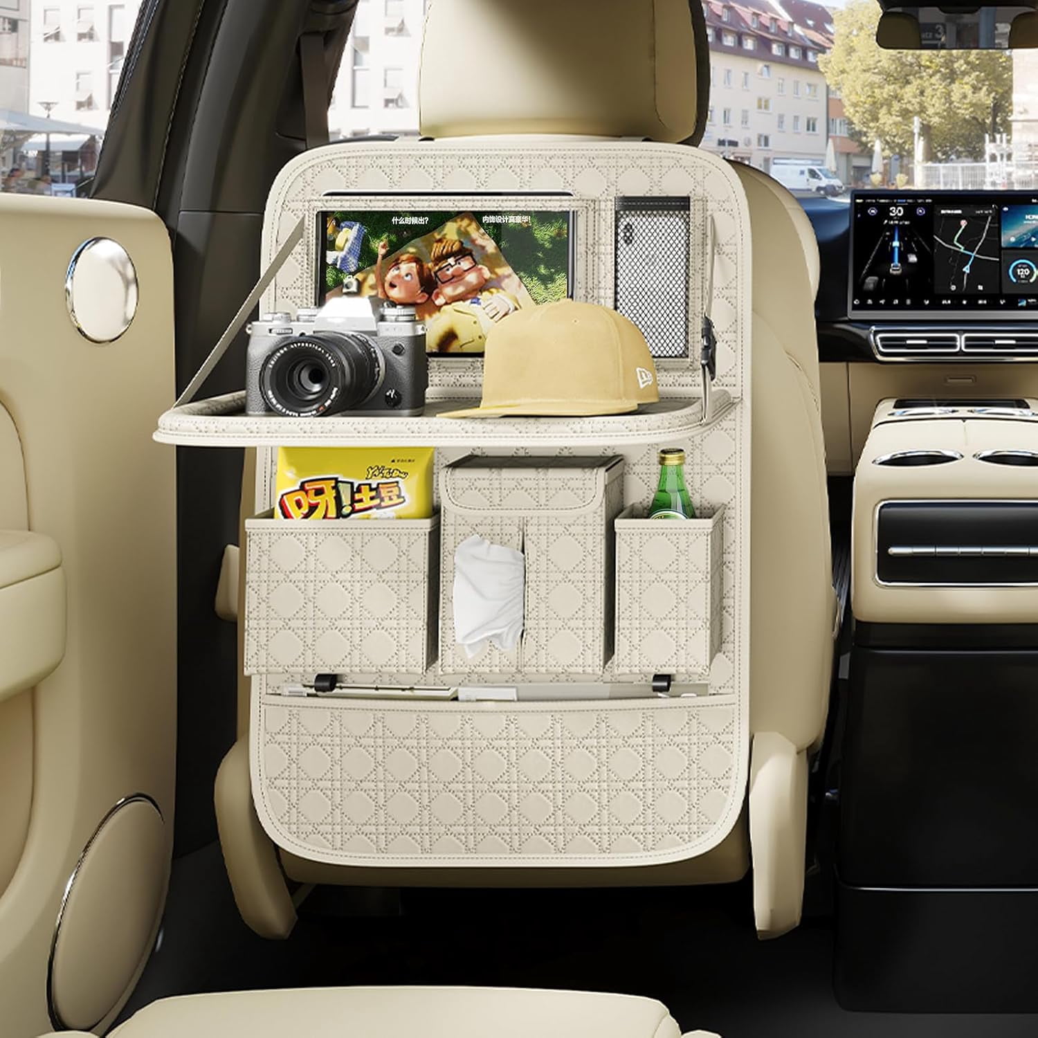 Backseat Car Organizer 1 Pack, Car Back Seat Organizers with Tray,Multifunctional Car Seat Back Organizer with Foldable Tablet Holder (Beige, 1 PC)