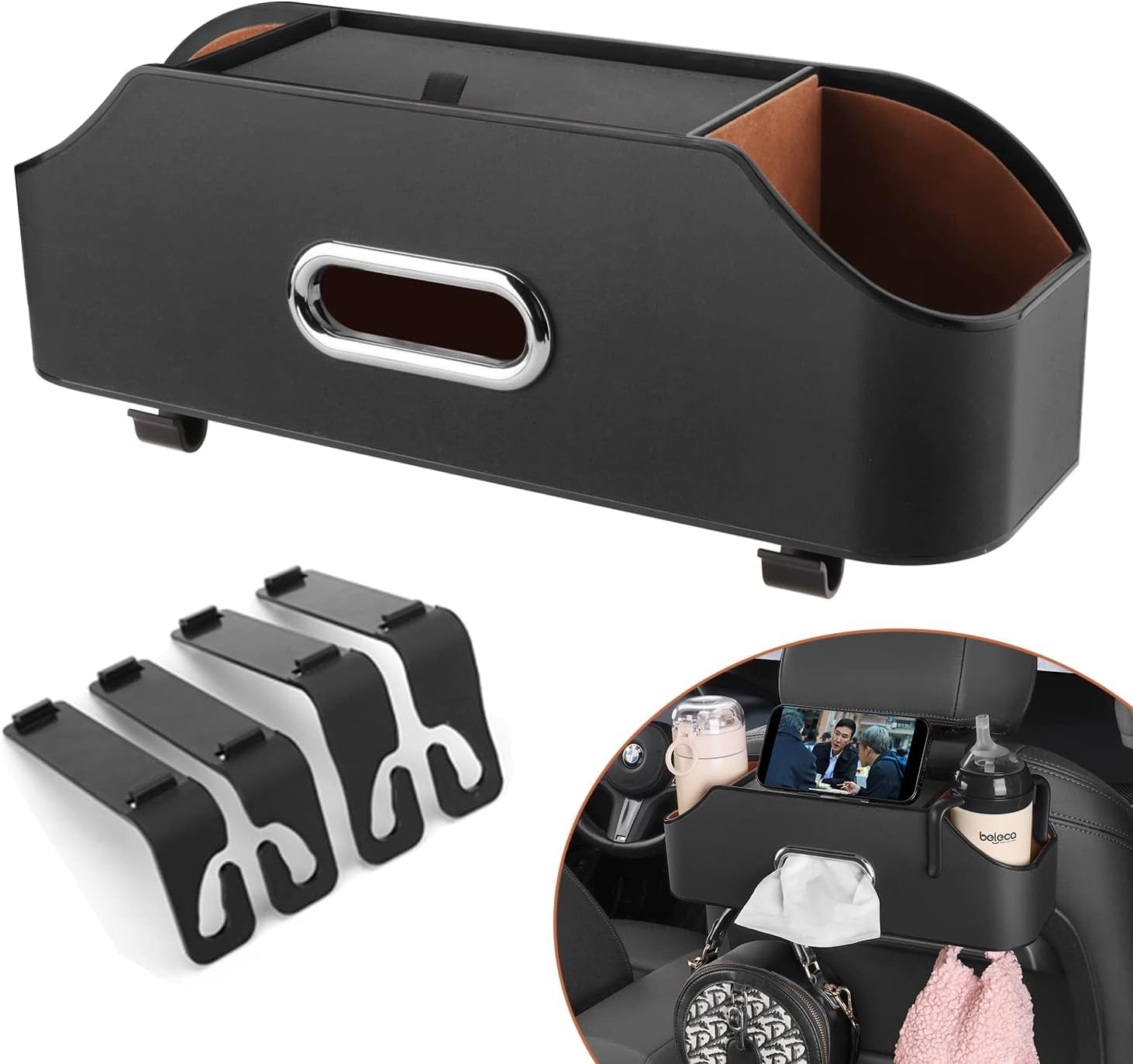 CEDQ Car Seat Back Organizer - Stylish & Functional Storage for Family Adventures - Cup Holders, Tissue Box & Hooks - Car Interior Accessories Perfect for Kids, Road Trips & Travel (Black)