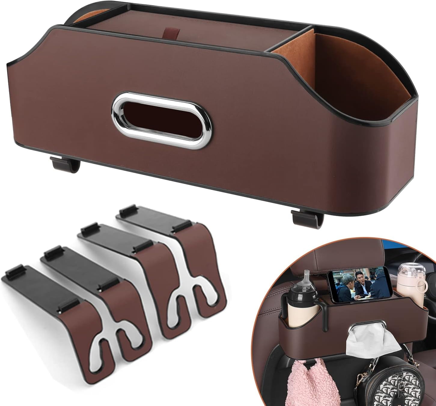 CEDQ Car Seat Back Organizer - Stylish & Functional Storage for Family Adventures - Cup Holders, Tissue Box & Hooks - Car Interior Accessories Perfect for Kids, Road Trips & Travel (Black)