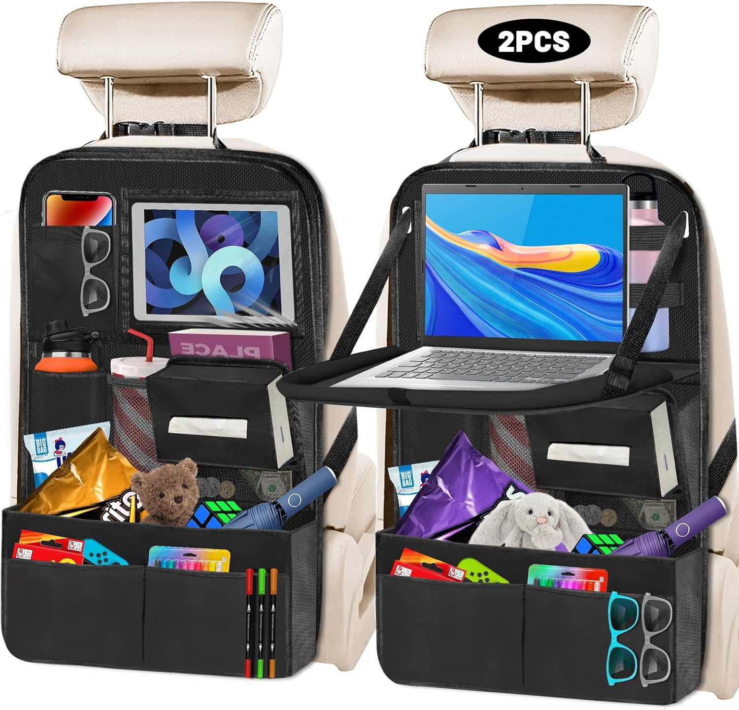 Backseat Car Organizer with Table Tray,12 Pockets Storage Organizer with Tablet Holder,Car Seat Organizer with Car Tissue Holder,Kick Mats Protector For Kids,Travel Accessories(2-Pack)