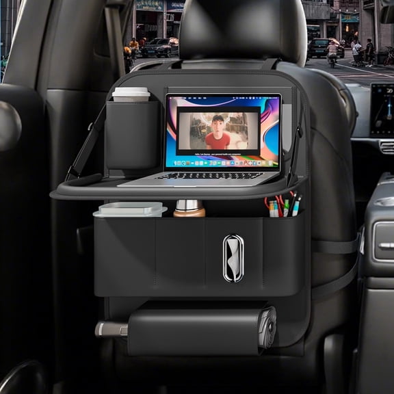 GMQ Backseat Car Organizer with Tray 1 pack,Car Backseat with Foldable Table for Kids,Multifunctional Seat Back Organizer with Storage Pockets(Black)
