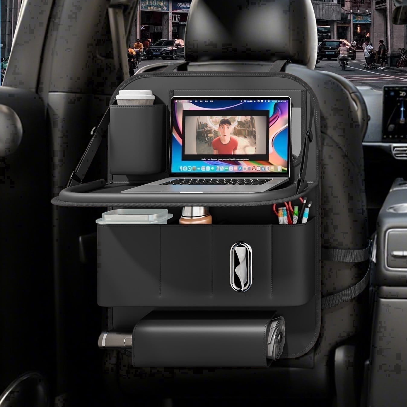 GMQ Backseat Car Organizer with Tray 1 pack,Car Backseat with Foldable Table for Kids,Multifunctional Seat Back Organizer with Storage Pockets(Black)