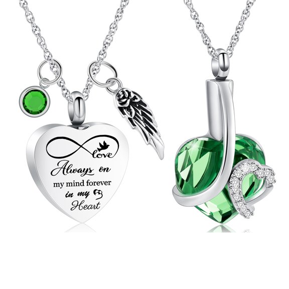 Backside Customize Text 2PCS Pack Always on My Mind Forever in My Heart Print Birthstone Angel Wing Heart Urn Pendant Memory Necklace for Cremation Ashes Holder Memorial Jewelry