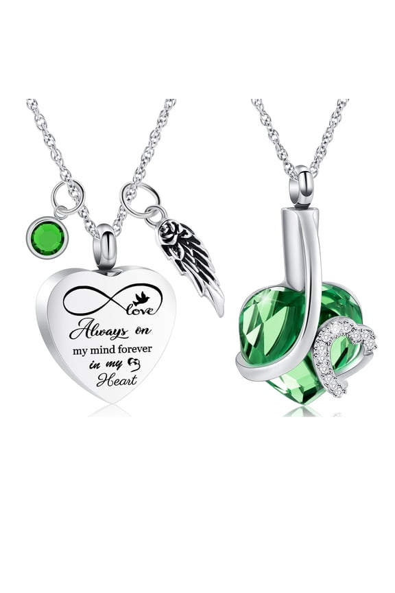 Backside Customize Text 2PCS Pack Always on My Mind Forever in My Heart Print Birthstone Angel Wing Heart Urn Pendant Memory Necklace for Cremation Ashes Holder Memorial Jewelry