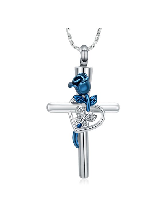 Backside Personalize Stainless SteelCross Urn Pendant Rose Flower Necklace for Cremation Ashes Urn Necklace Lockets for Ashes