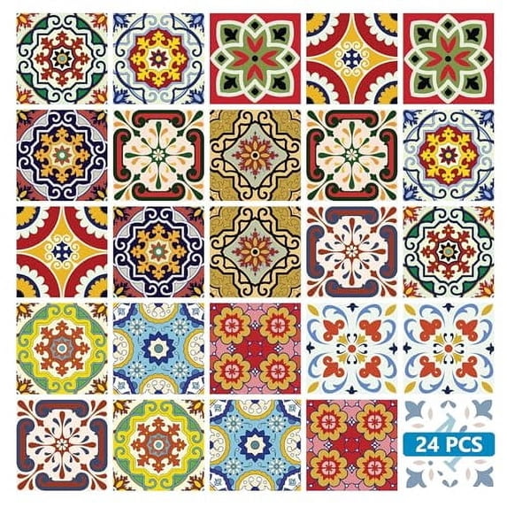 Backsplash Tile Stickers 24 PC Set Authentic Traditional Talavera Tiles Stickersl Bathroom & Kitchen Tile Decals Easy to Apply Just Peel and Stick Home Decor 4x4 Inch (Mexican Tile Art)