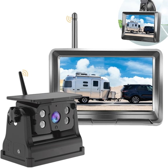 Backup Camera + 5 Inch System, Solar 2 Split Display + IP69 Night Vision Rear View Camera for RV Trailer Camper