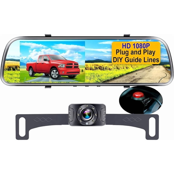 Backup Camera Mirror 1080P - Plug and Play Easy Set up Color Night Vision Rear View Mirror with Plate Camera for SUV DIY Guide Lines A1