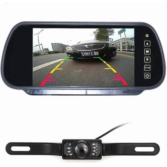 Backup Camera & Rearview Monitor Parking Reverse System, Waterproof Night Vision Cam, 7'' LCD Display Built-into Mirror Assembly, Distance Scale Lines, Swivel Angle Adjustable Cam