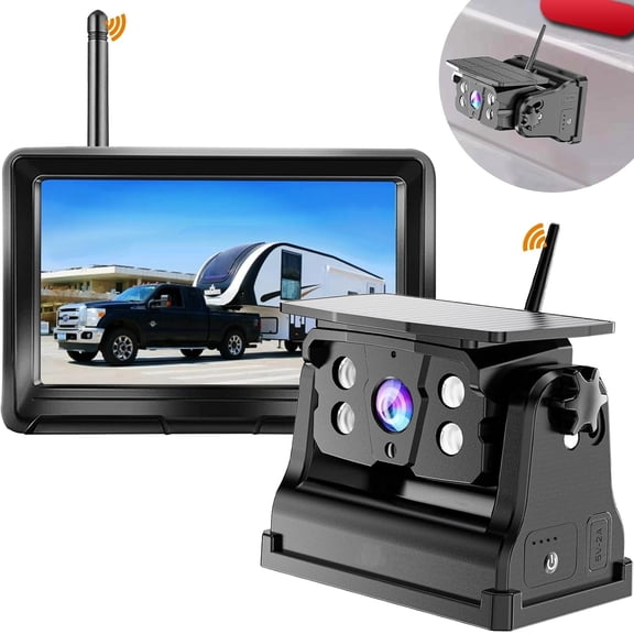 Backup Camera Solar  for RV    Camper 5th Wheels Hitch Towing No Wiring No Drilling Rechargeable Night Vision Portable Backup Camera with 5" 1080P  2-Split