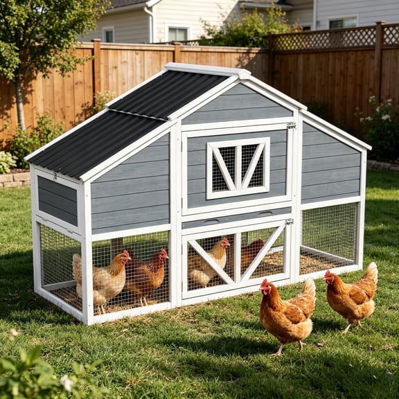 Backyard 2-Tier Wooden Chicken Coop with 4 Nesting Boxes for 6 Hens, Gray and White
