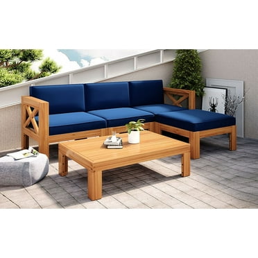 Backyard 5-Piece Patio Wood Sectional Sofa, Seating Group Set with Detachable Cushions, Natural Finish+ Blue Cushions