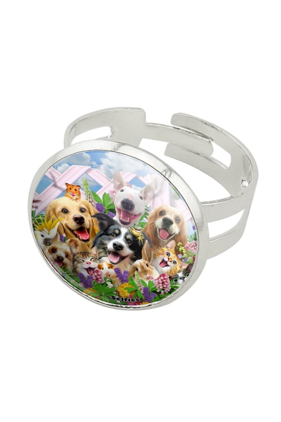 Backyard Animal Pals Selfie Dogs Cats Hamster Frog Silver Plated Adjustable Novelty Ring