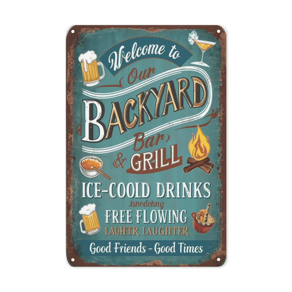 Backyard Bar Grill Rules metal sign Vintage Outdoor Decor Party Sign Perfect Hanging Entertainment Area Porch With Weatherproof Coating Host Gift Summer Gathering Friends Tipsy 8x12 inch metal sign