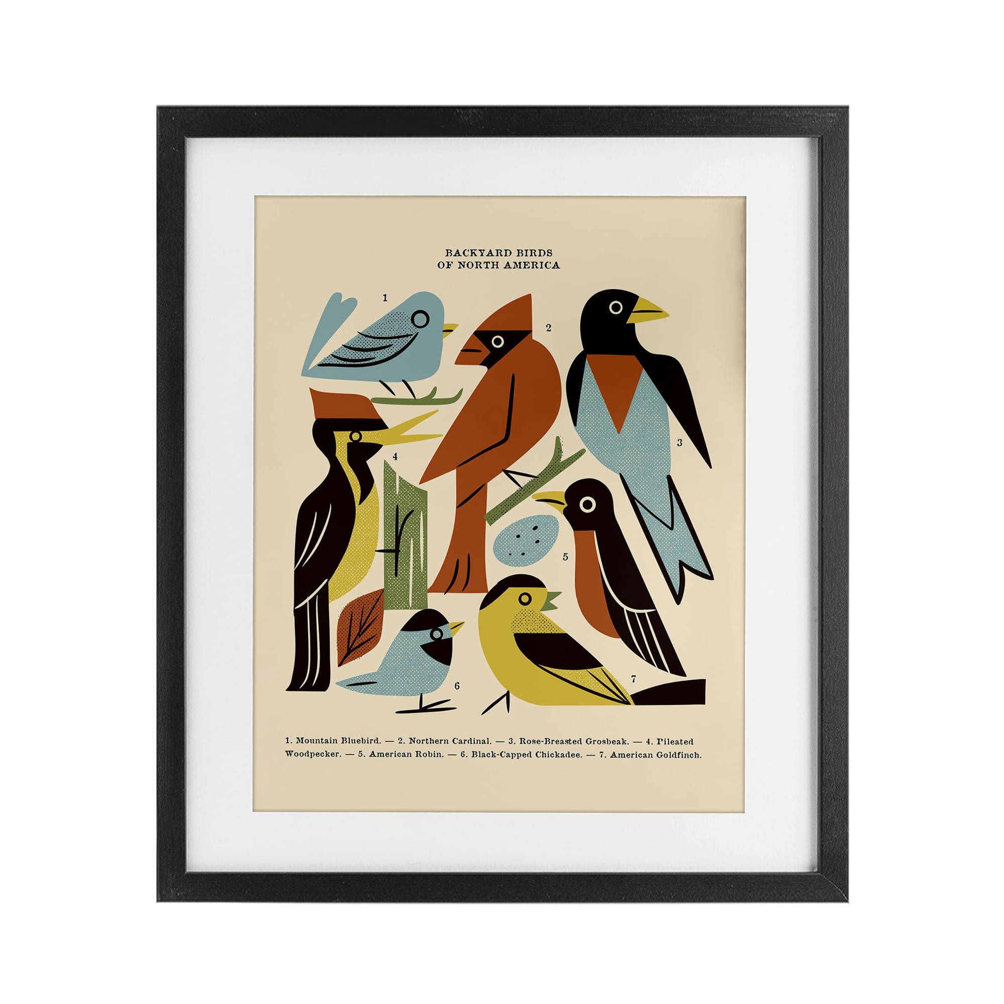 Backyard Birds Midcentury Modern Black Framed Print Under Glass, design by Renea L. Thull