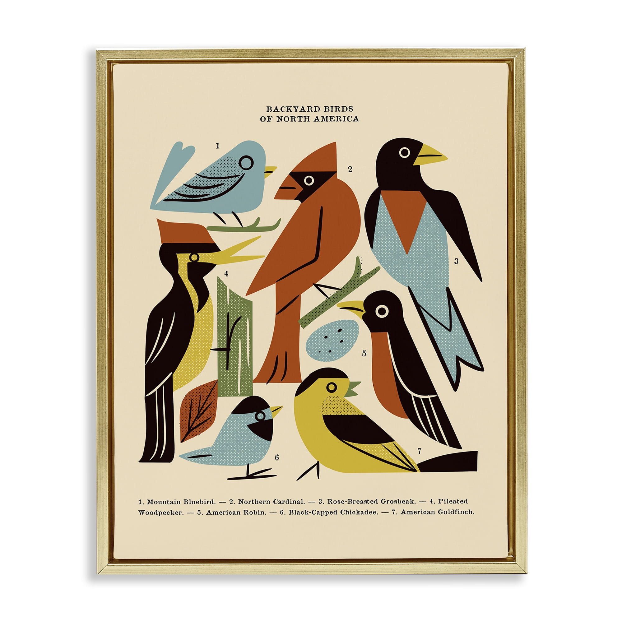 Backyard Birds Midcentury Modern Gold Framed Floater Canvas Wall Art, design by Renea L. Thull