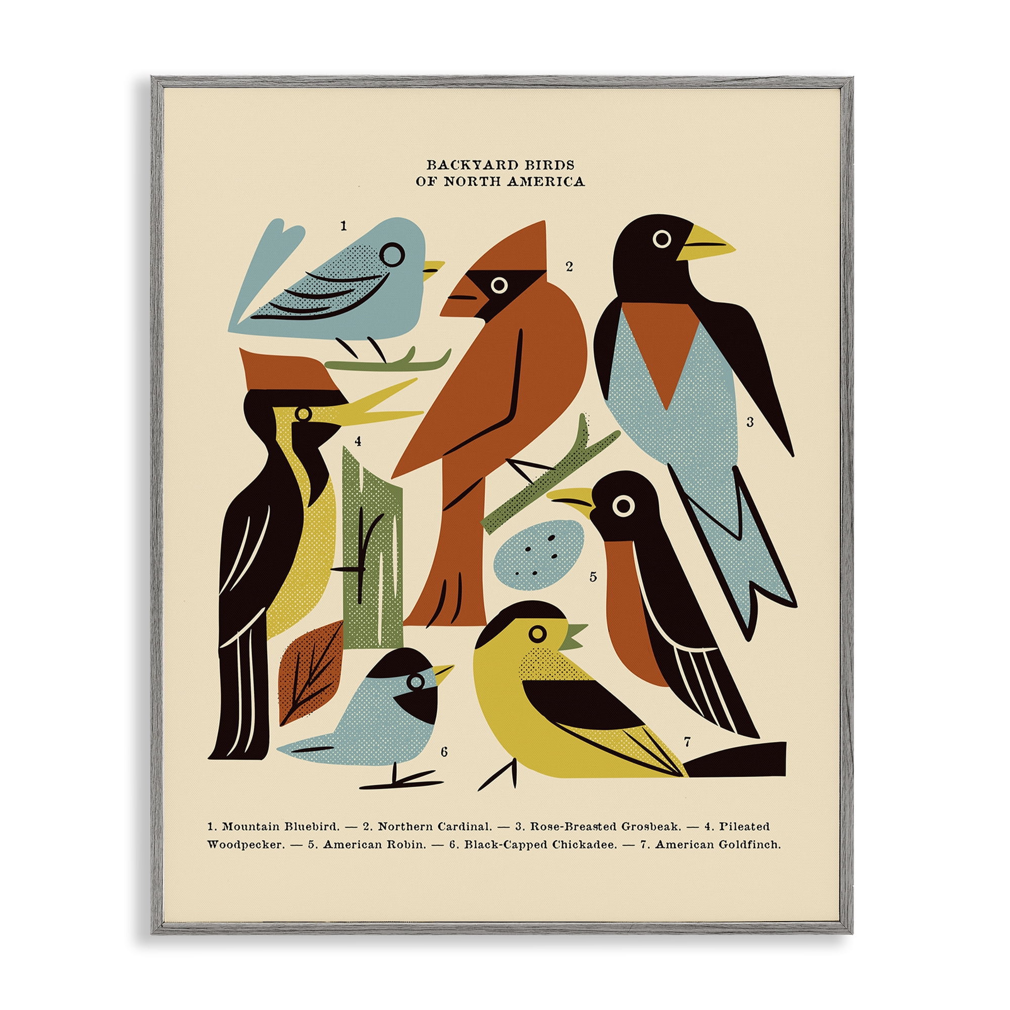 Backyard Birds Midcentury Modern Gray Framed Giclee Art, design by Renea L. Thull