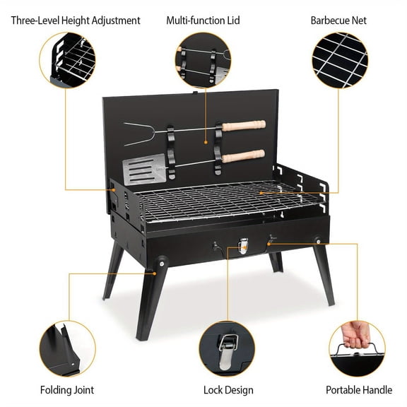 Backyard Buddy, Portable Charcoal Grill with Hood - Compact folding grill for outdoor picnics and backyard cooking, accessories included.
