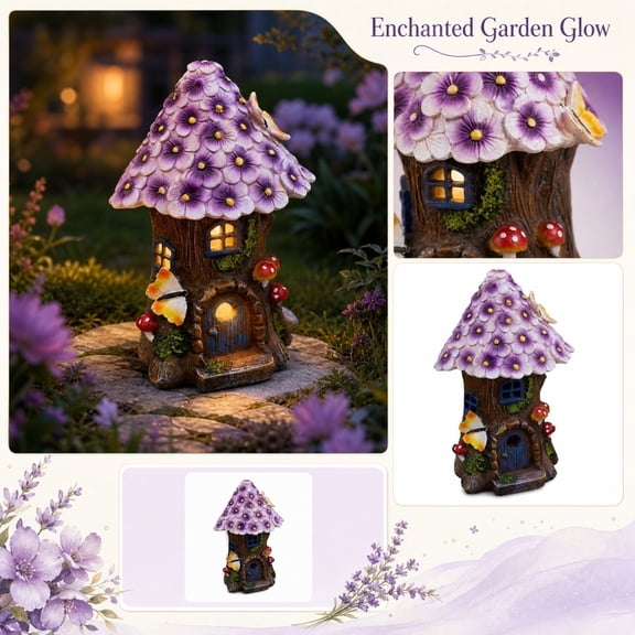 Backyard Decor, Outdoor Garden Decor, Butterfly Outdoor Decor, Solar Yard Decorations, 10X7X6 Inch Resin Tree House Fairy Cottage Light for Porch Walkway Ambient Decoration