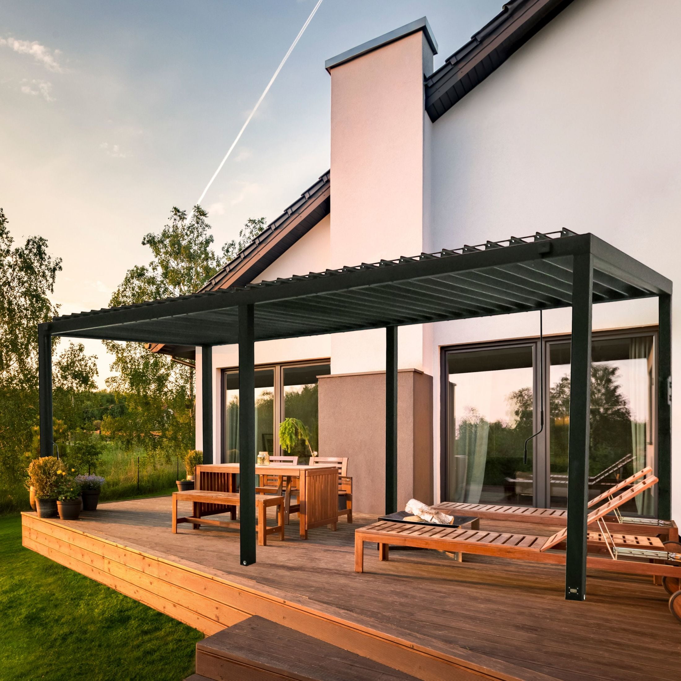 Sarasota Black Steel Louvered Pergola with Canopy