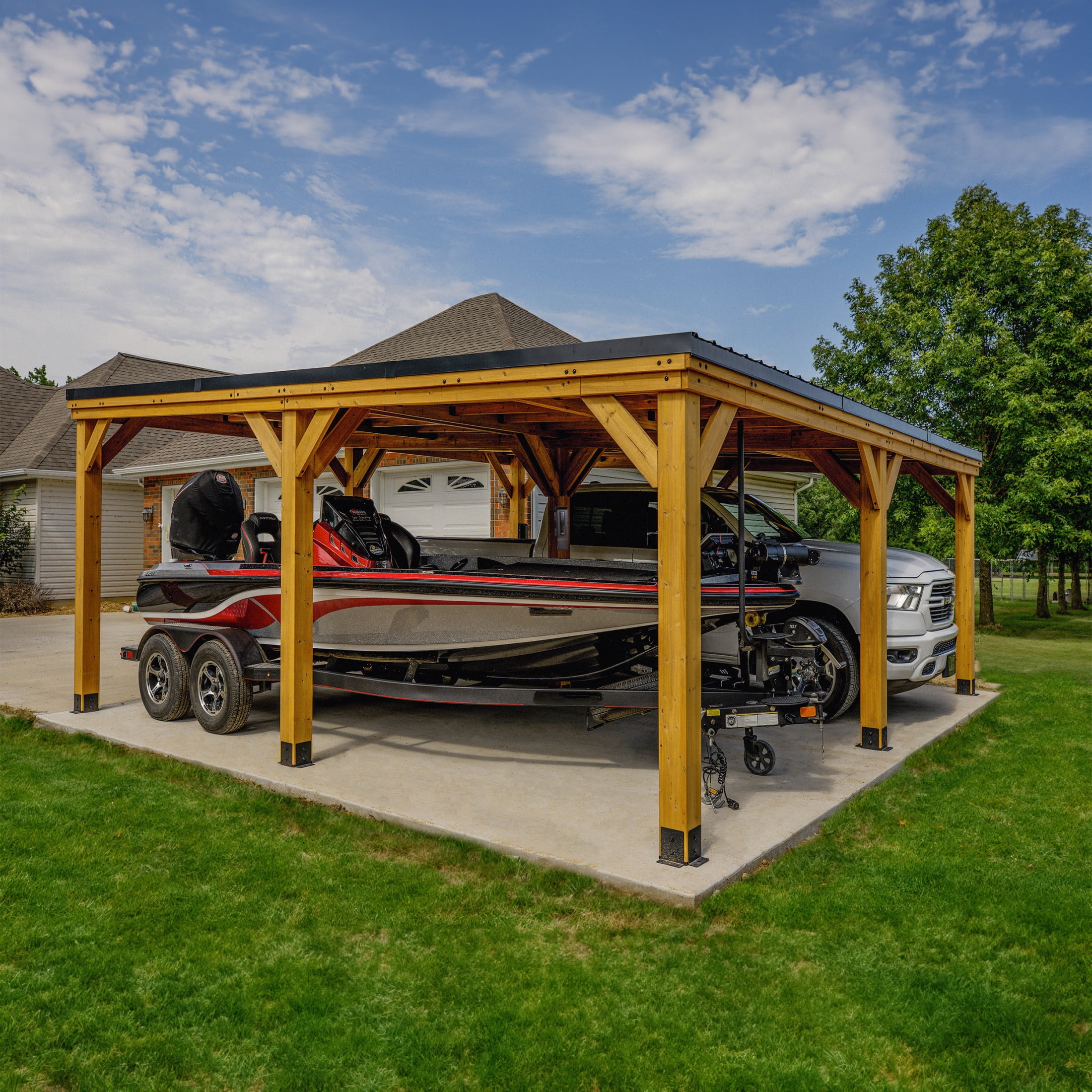 Kingsport 20' x 20' Cedar Wood Carport with Black Steel Roof