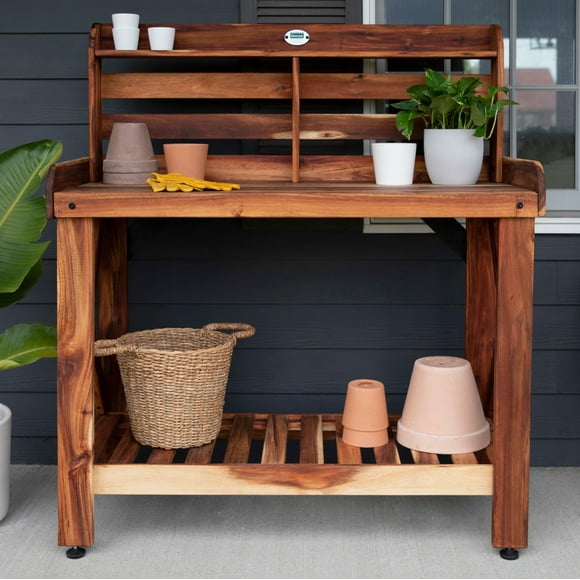 Backyard Discovery 47" Acacia Wood Garden Potting Bench & Serving Bar, Storage Shelf