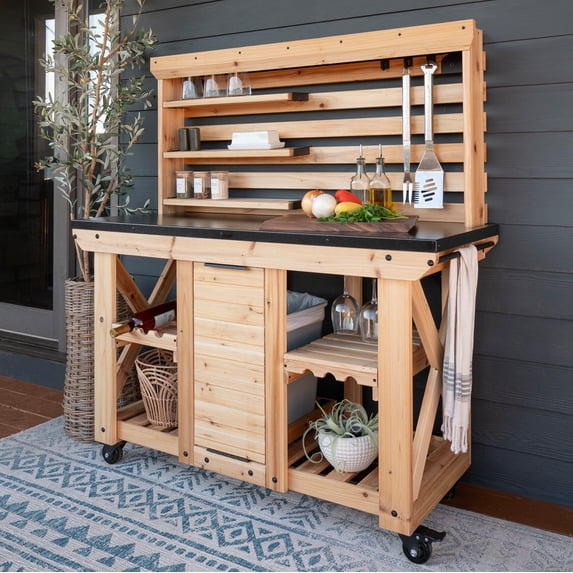 Backyard Discovery 48" Cedar Wood Buffet Hutch Serving Station, Steel Top, Wine Rack
