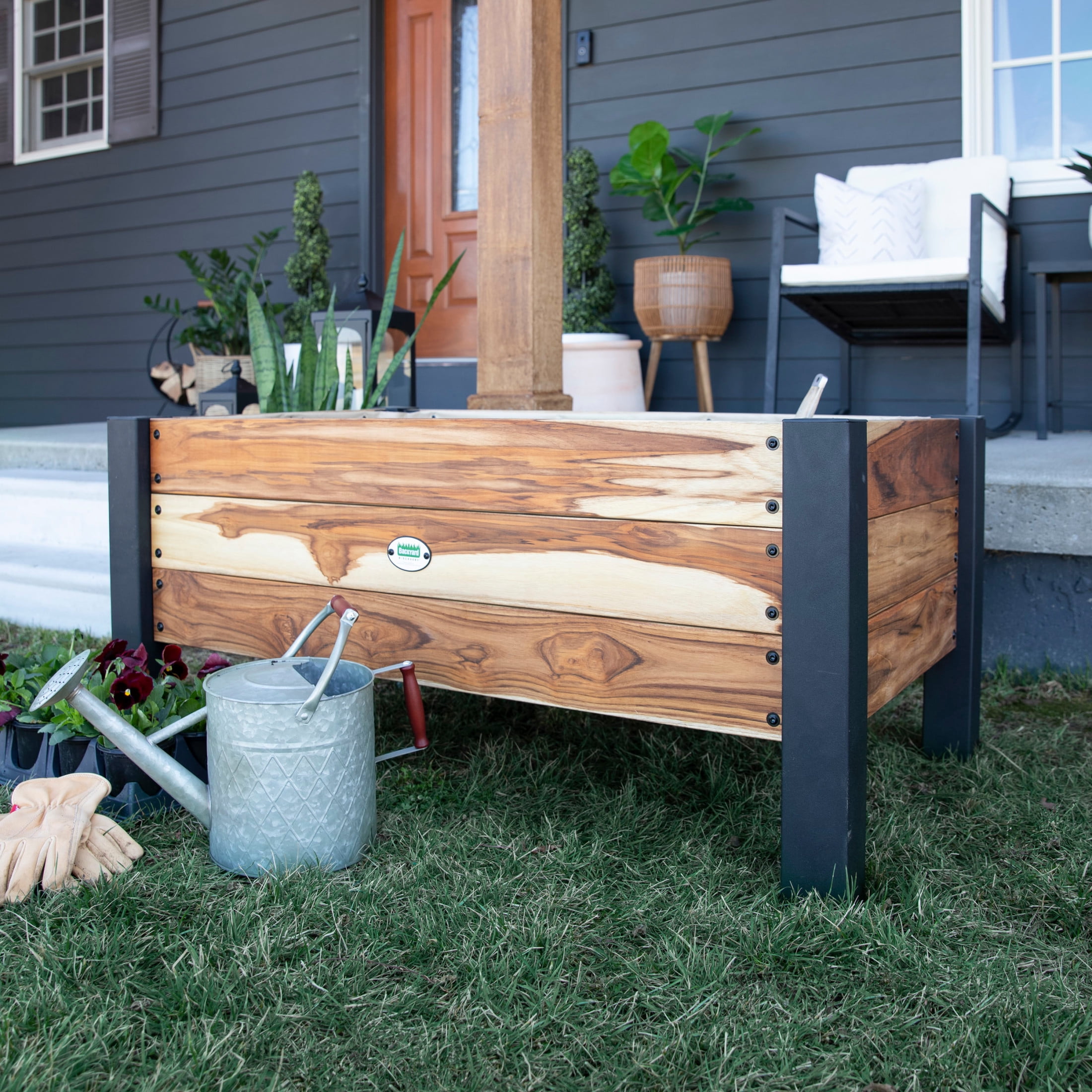 Backyard Discovery 48" Teak Wood Garden Bed Planter Box, Galvanized Steel Legs