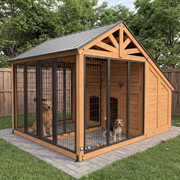 Backyard Discovery 9'x7' Cedar Animal Enclosure XL, Two Houses, Run, Steel Roof