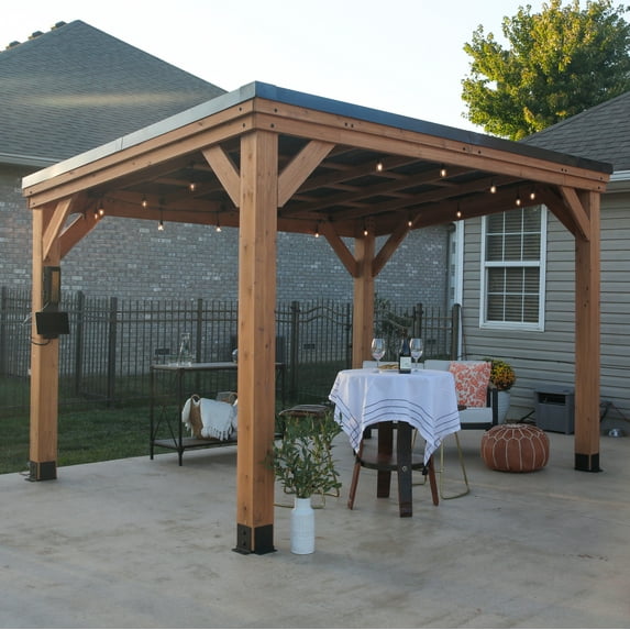 Backyard Discovery Arcadia 12'x9.5' Cedar Wood Gazebo, Galvanized Steel Roof, PowerPort