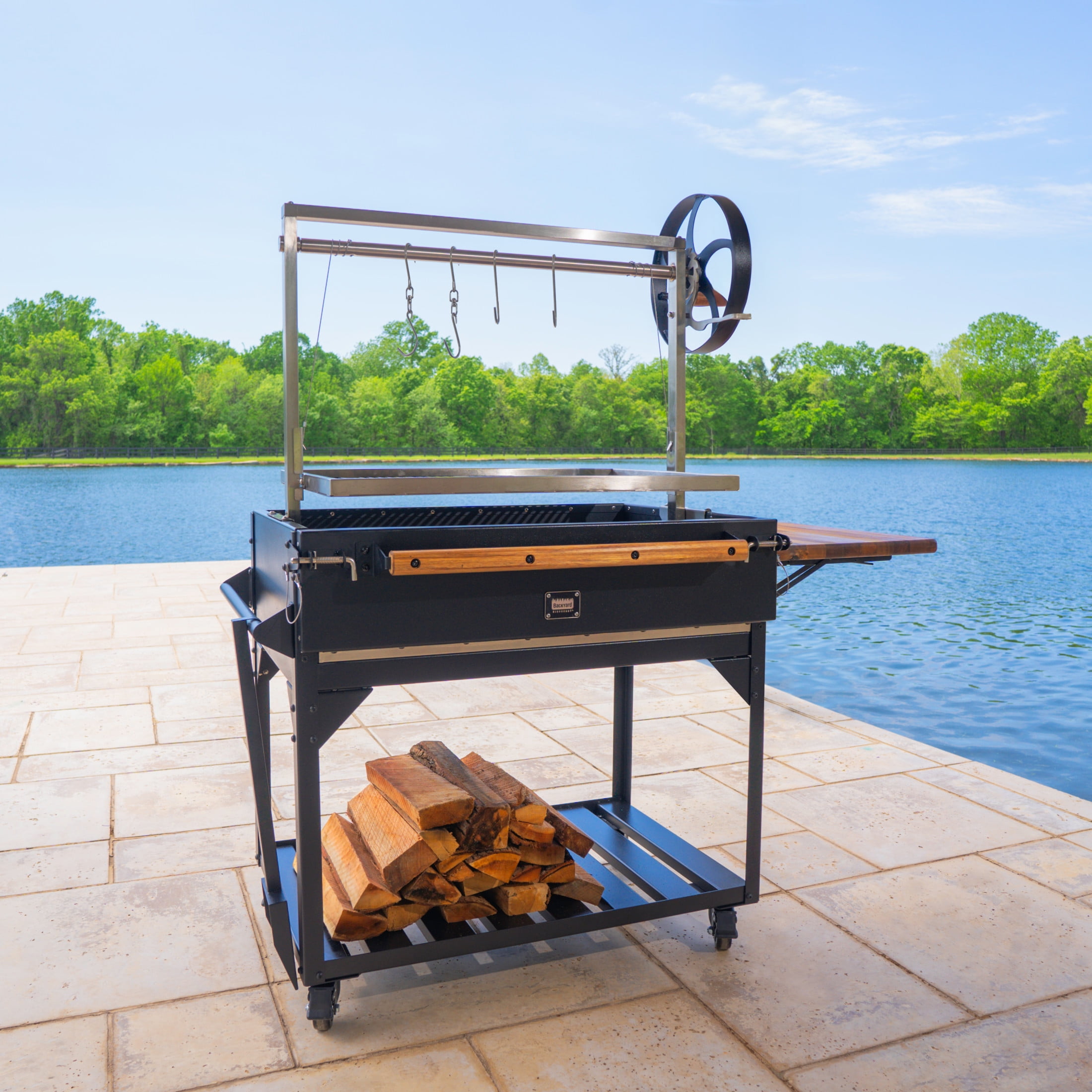 Argentine Black Steel BBQ Grill with Acacia Wood Side Table