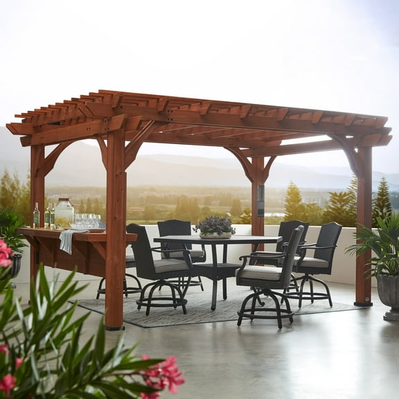 Backyard Discovery Ashland 14'x10' Cedar Wood Outdoor Pergola Kit, Trellis Roof, Bar Top