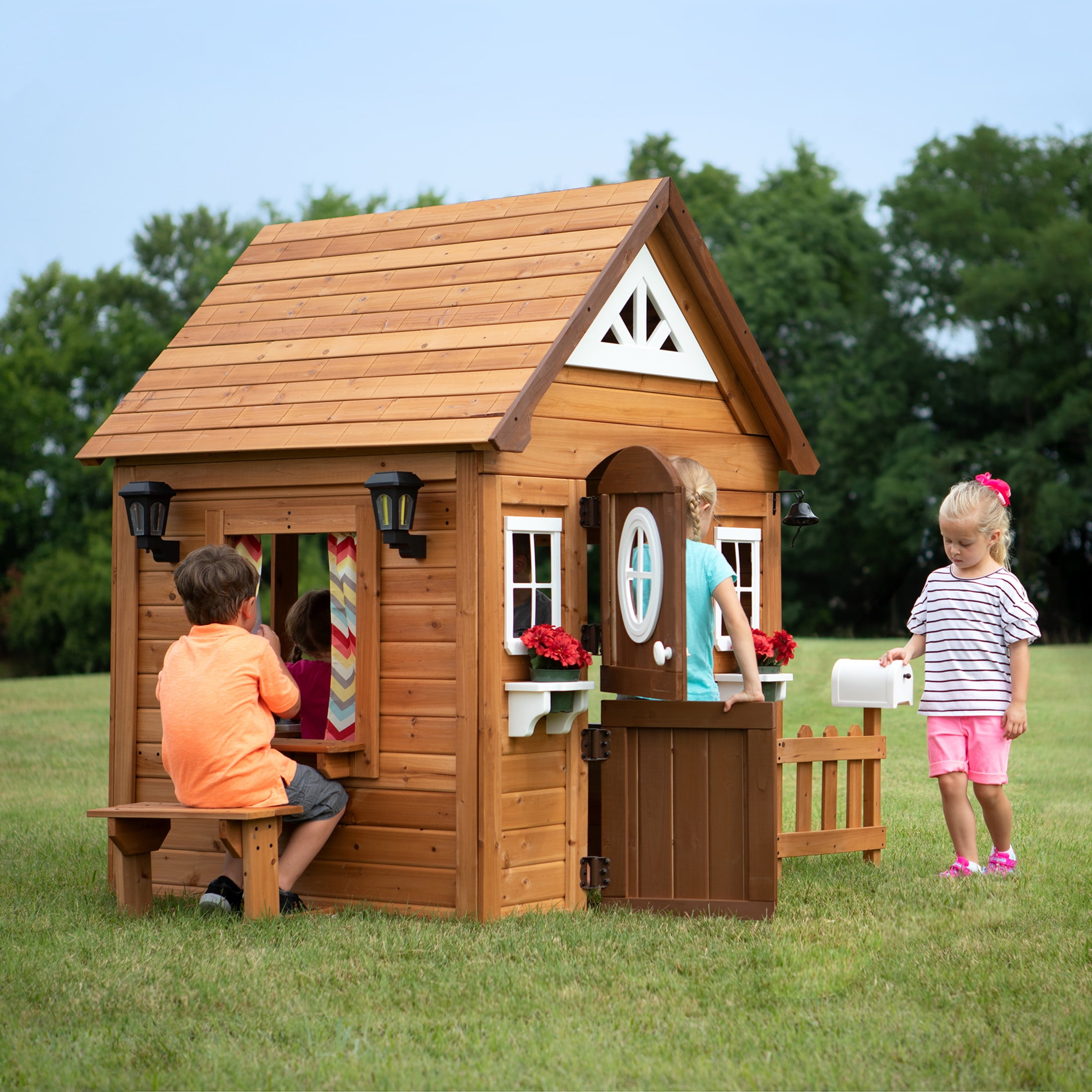 Backyard Discovery Aspen Cedar Wooden Kids Playhouse, Play Kitchen, Snack Bar Window