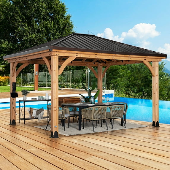 Backyard Discovery Barrington 14' x 12' Cedar Wood Gazebo, Galvanized Steel Roof, PowerPort