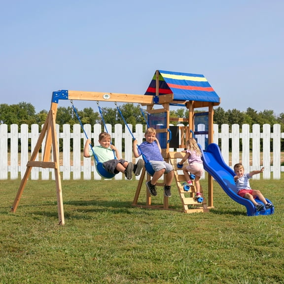 Backyard Discovery Bay Pointe Cedar Wood Swing Set, Slide, Play Deck, Rock Wall Ladder