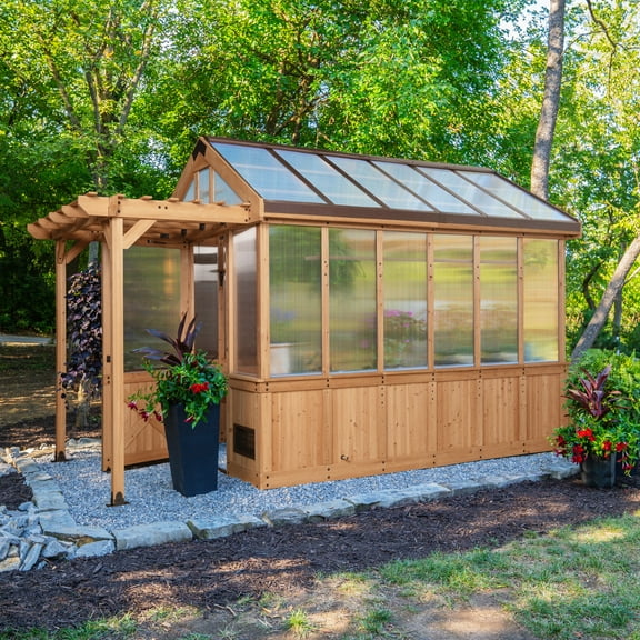 Backyard Discovery Bellerose 11' x 7' Cedar Wood and Polycarbonate Greenhouse Kit, Pergola