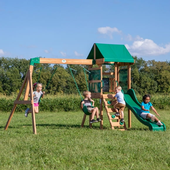Backyard Discovery Buckley Hill Cedar Wood Swing Set, Slide, Play Deck, Rock Wall Ladder