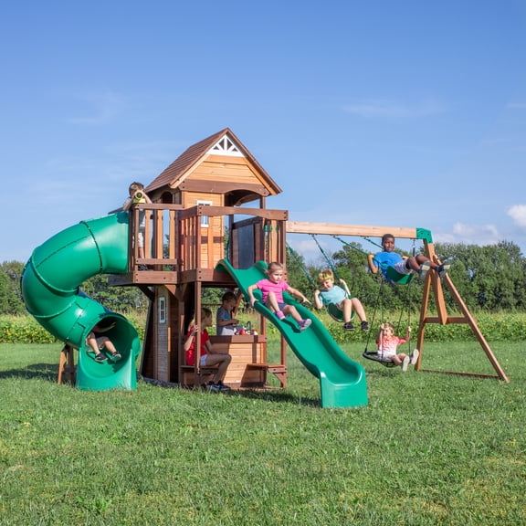 Backyard Discovery Cedar Cove Cedar Wood Swing Set, Slides, Clubhouse, Rock Wall, Grill