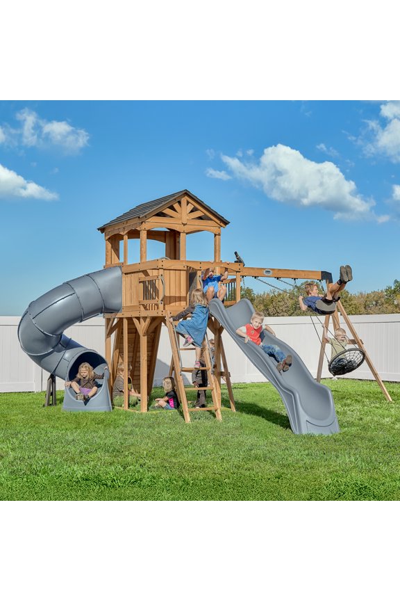Dover Bay Spruce Swing Set, Tube Slide, Clubhouse, Rock Wall