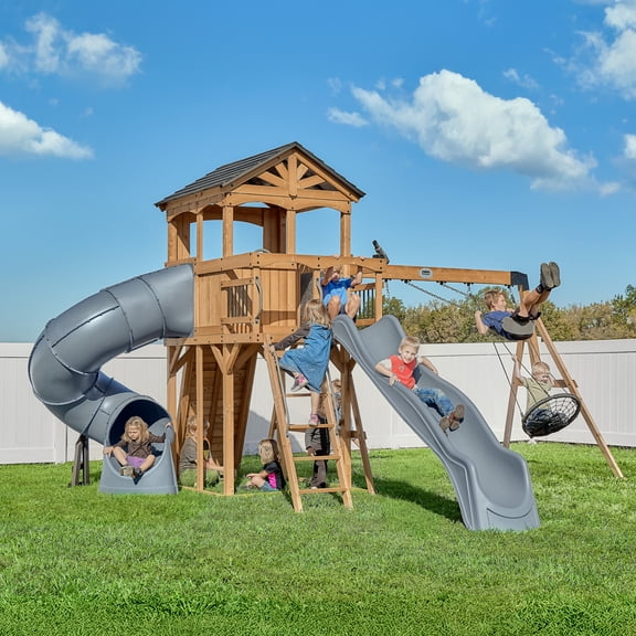 Backyard Discovery Dover Bay Spruce Swing Set, Tube Slide, Clubhouse, Rock Wall