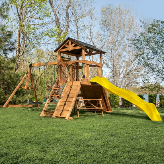 Backyard Discovery Endeavor II Cedar Wood Swing Set, Slide, Play Deck, Double Rock Wall