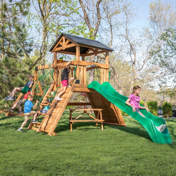 Backyard Discovery Endeavor II Cedar Wood Swing Set with Green slide, play deck, double rock wall