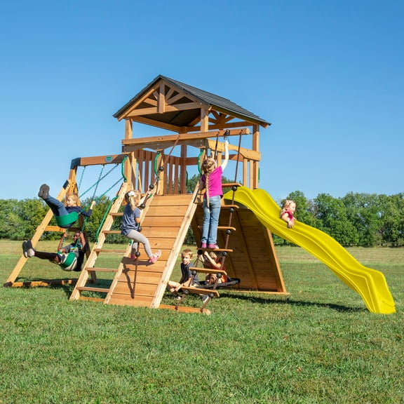 Backyard Discovery Endeavor Cedar Wood Swing Set, Slide, Play Deck, Rock Wall, Rope Ladder