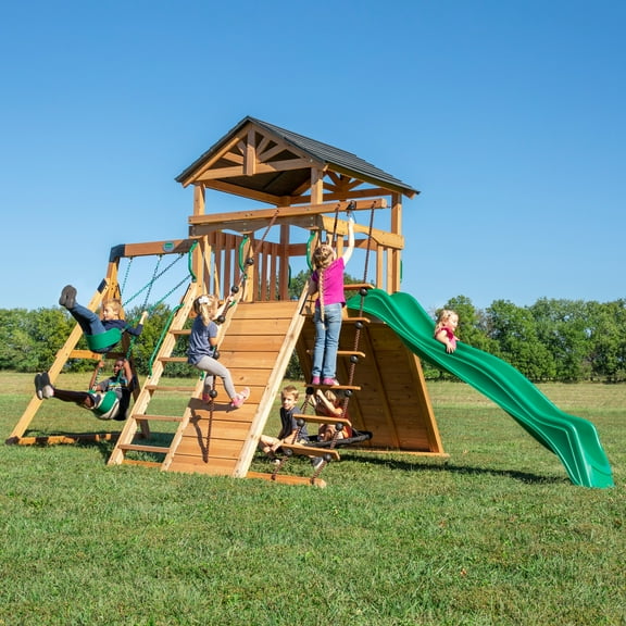 Backyard Discovery Endeavor Cedar Wood Swing Set, Slide, Play Deck, Rock Wall, Rope Ladder