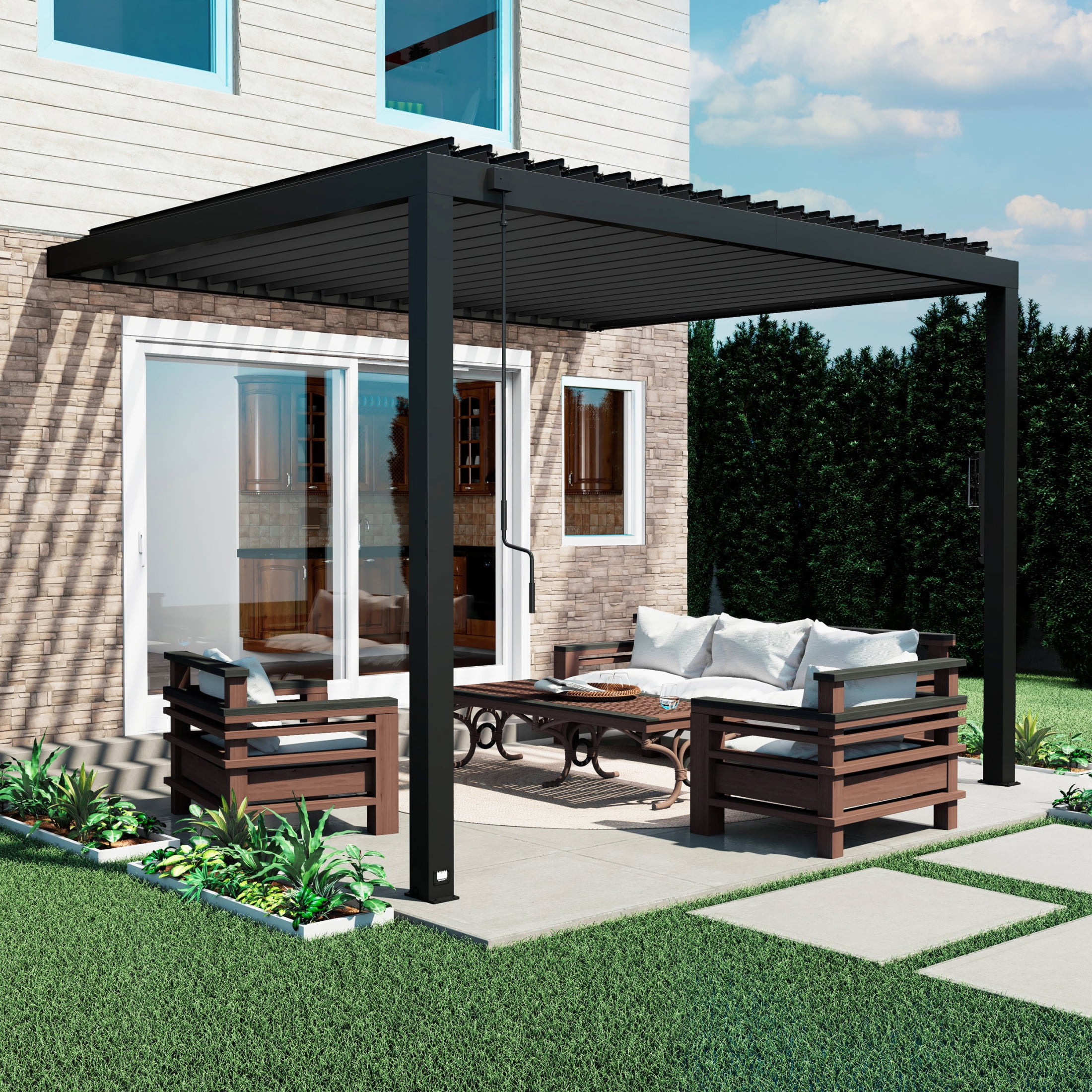 Evanston 12 ft. x 10 ft. Black Galvanized Steel Wall-Mounted Pergola